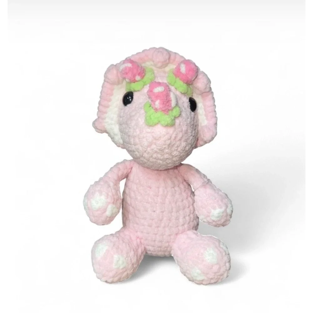 Handmade Pink Crochet Dinosaur Stuffed Animal Toy With Flowers‎ For Kids - Picture 2 of 4